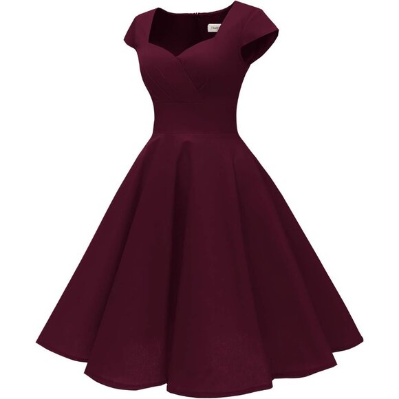 Women Burgundy Cap Sleeve 1950s Retro Vintage Cocktail Swing Dresses with Pocket - Picture 3 of 6
